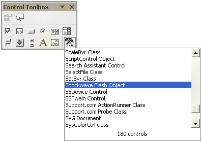 Select the Shockwave Flash Object control to insert a Flash movie