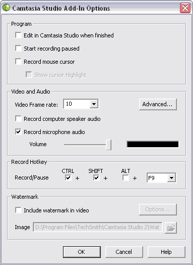 Camtasia Studio Add-in Options