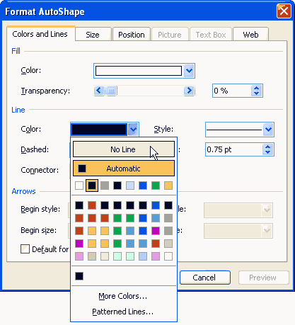 No Line option within the Format AutoShape dialog box