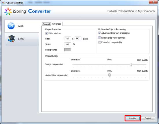 Advanced tab within the Publish to HTML5 dialog box