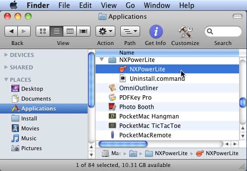 NXPowerLite to be selected within the Finder