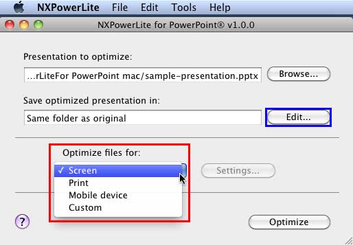 Optimization values drop-down list