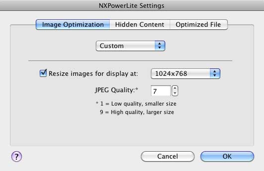 NXPowerLite Settings dialog box