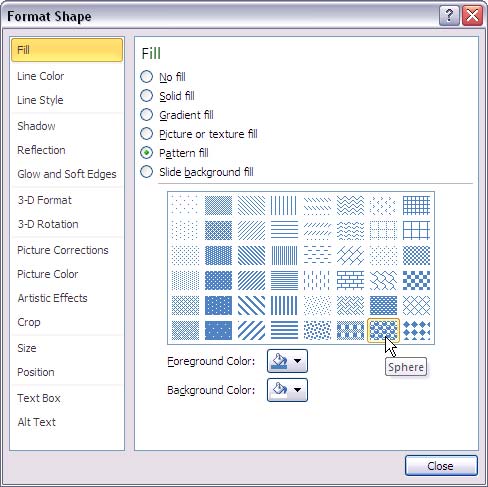 Format Shape dialog box with pattern gallery