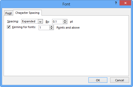 Character Spacing tab within the Font dialog box