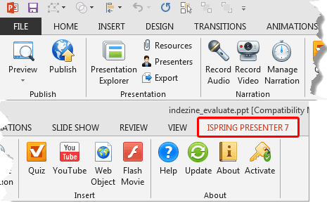 iSpring Presenter 7 tab of the Ribbon